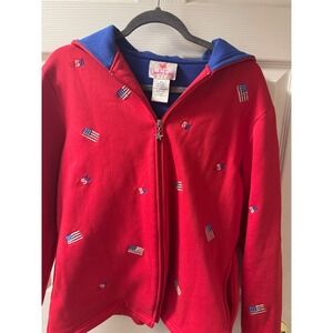Quaker Factory Red USA Flag Embroidered Hoodie Zip Up Jacket Women's M